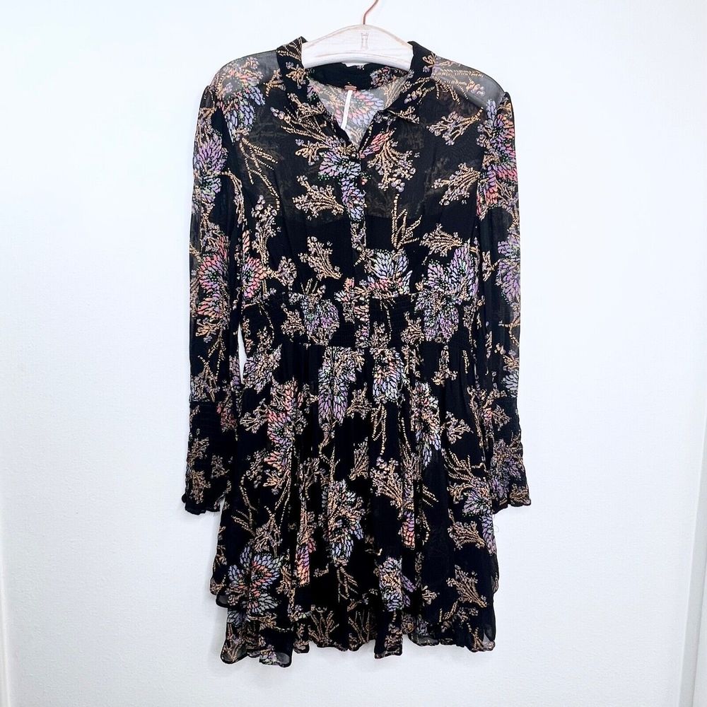 Free People Dress Large Black Floral Smocked Tiered Long Sleeve